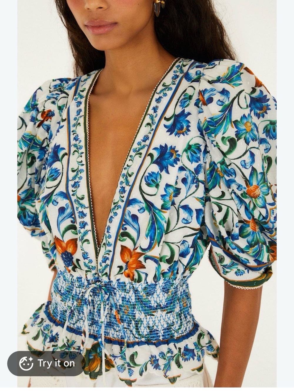 Farm Rio womens off white flora tile smocked blouse size medium